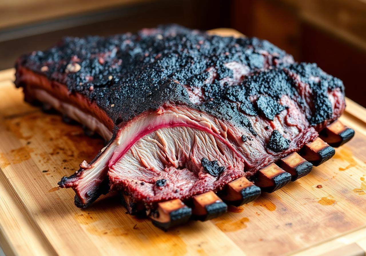 Smoked beef plate ribs with deep bark and tender interior on wooden cutting board