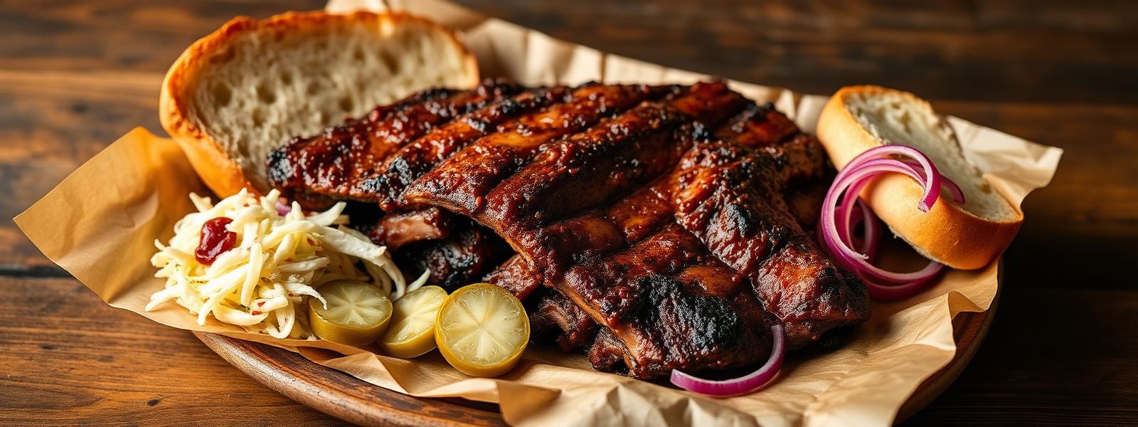 Smoked beef ribs served with traditional Texas BBQ sides