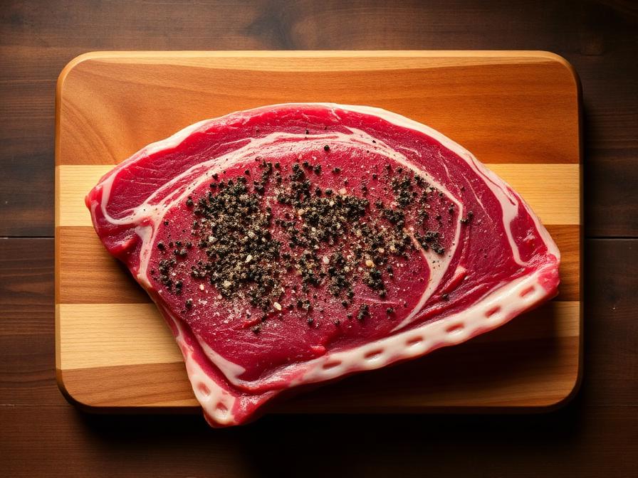 Raw beef plate ribs seasoned with SPG rub on cutting board