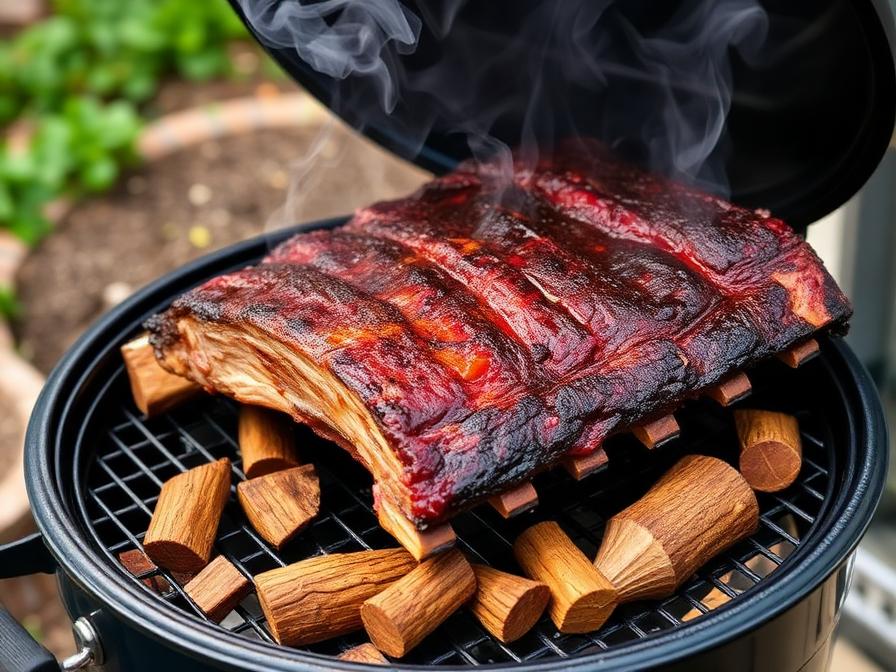 Beef ribs smoking on Weber kettle with developing dark bark