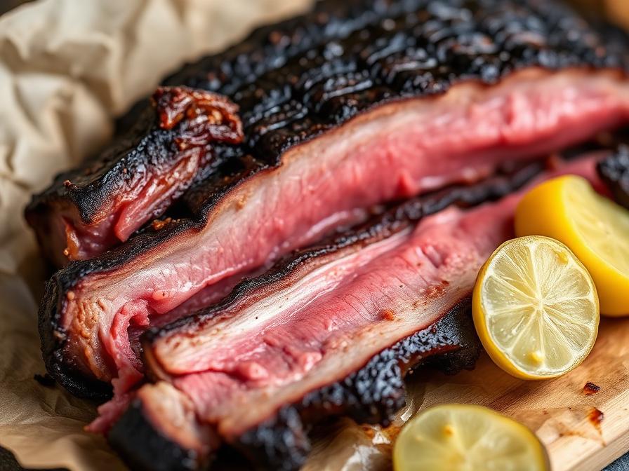 Sliced smoked beef plate ribs showing pink smoke ring and deep bark