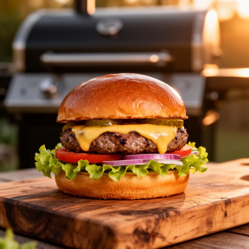 Frozen burger cooked on a Traeger pellet grill with cheese and toppings