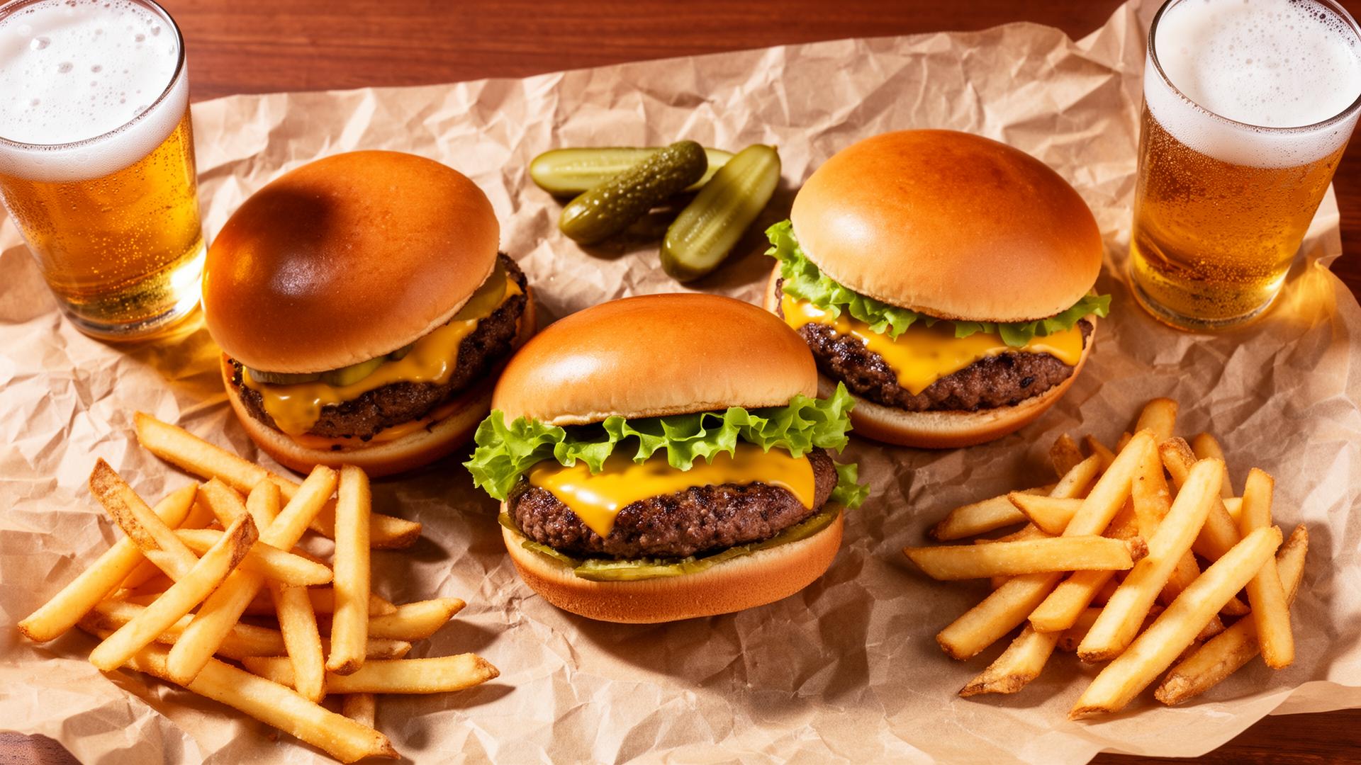 Classic American cheeseburgers with fries