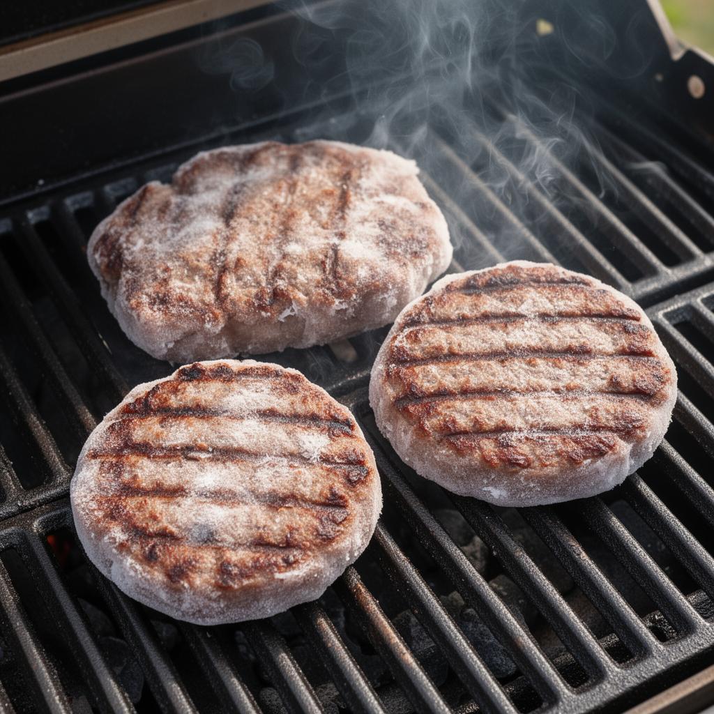 Frozen burger patties cooking on Traeger pellet grill grates